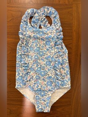 Hampton Swim Blue Floral Ruffled One-Piece Swimsuit Size 6/7Y